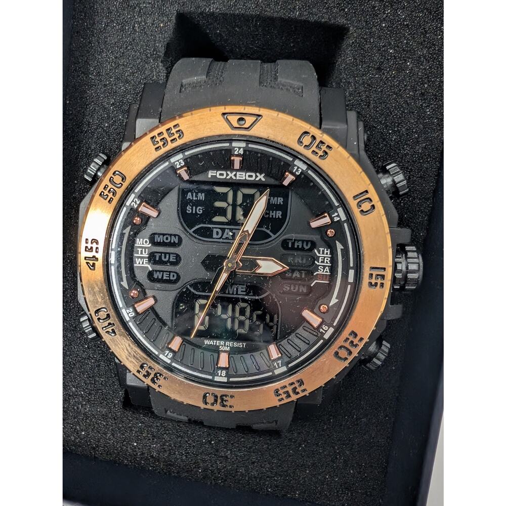 Foxbox Men's Dual-Display Sport Watch Rose Gold Bezel & Tactical Silicon Strap